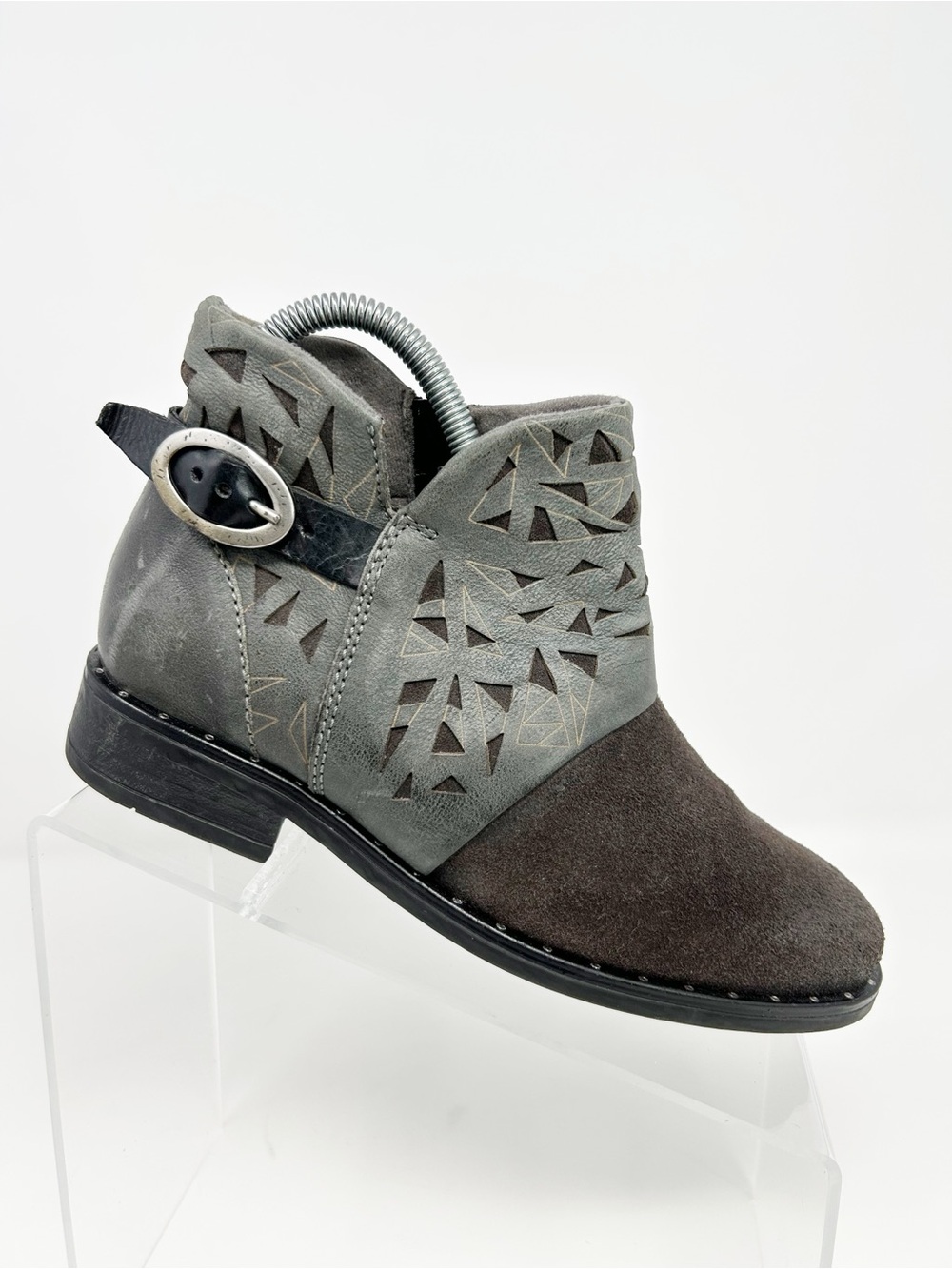 Miz Mooz Erie Ankle Booties Womens Gray Two-Tone Cutout Buckle Side Zip Size 36